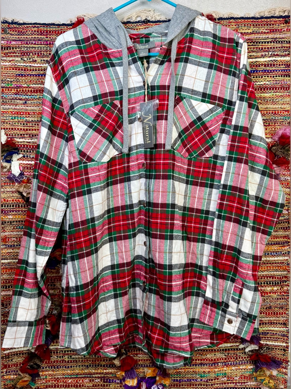 Natural Reflections Red Green White Plaid Hooded Button-Down Shirt NWT sz XL